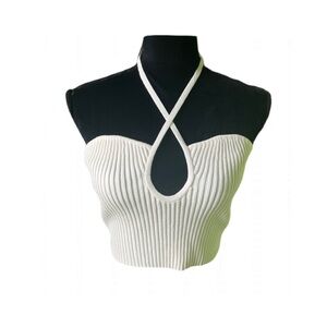 Victoria + Sophia Womens White Knit Ribbed Cross front Halter Crop Top Medium